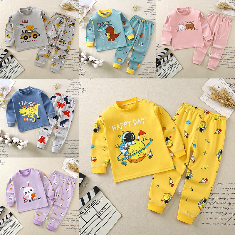 Bộ Đồ Ngủ Tay Dài Chất Liệu Cotton Thoáng Khí In Họa Tiết Hoạt Hình Xinh Xắn Cho Bé