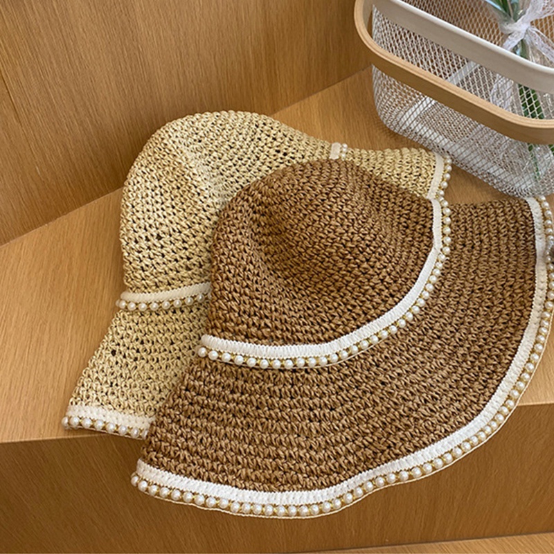 Han Chic Mũ Rơm Chống Nắng Đính Hạt Ngọc Trai Gấp Gọn Được Cho Đi Du Lịch Bãi Biển Giảm Tia UV Harm