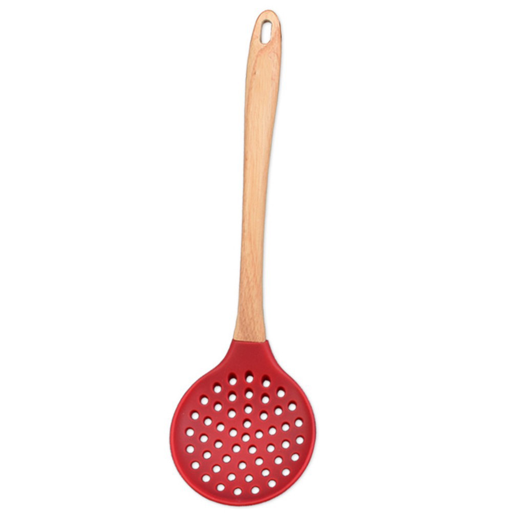 Silicone Skimmer Wood Handle Heat Resistant Slotted Spoon Food Serving Ladle Frying Strainer Kitchen Utensil for Home Restaurant