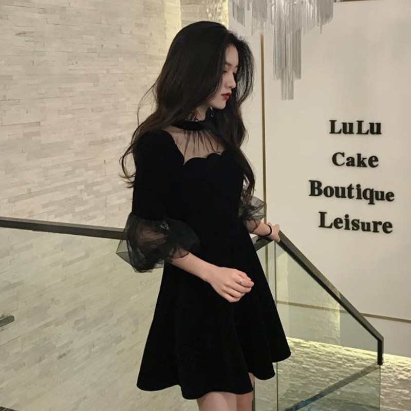 M70 - Váy nhung Ulzzang phối lưới tay trái bí tôn dáng hấp phong cách quý tộc