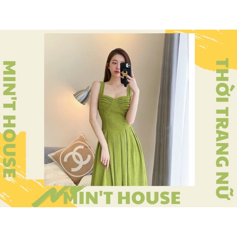 Đầm midi xanh nhíu ngực ,dáng xòe xếp ly sang chảnh