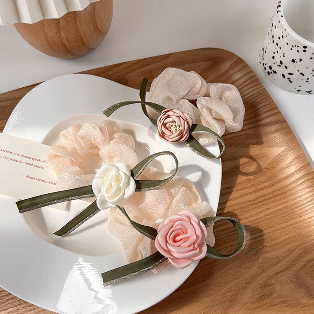 Dây Cột Tóc Vải Lụa Màu Xanh Lá In Họa Tiết Hoa Xinh Xắn Thời Trang Cho Nữ