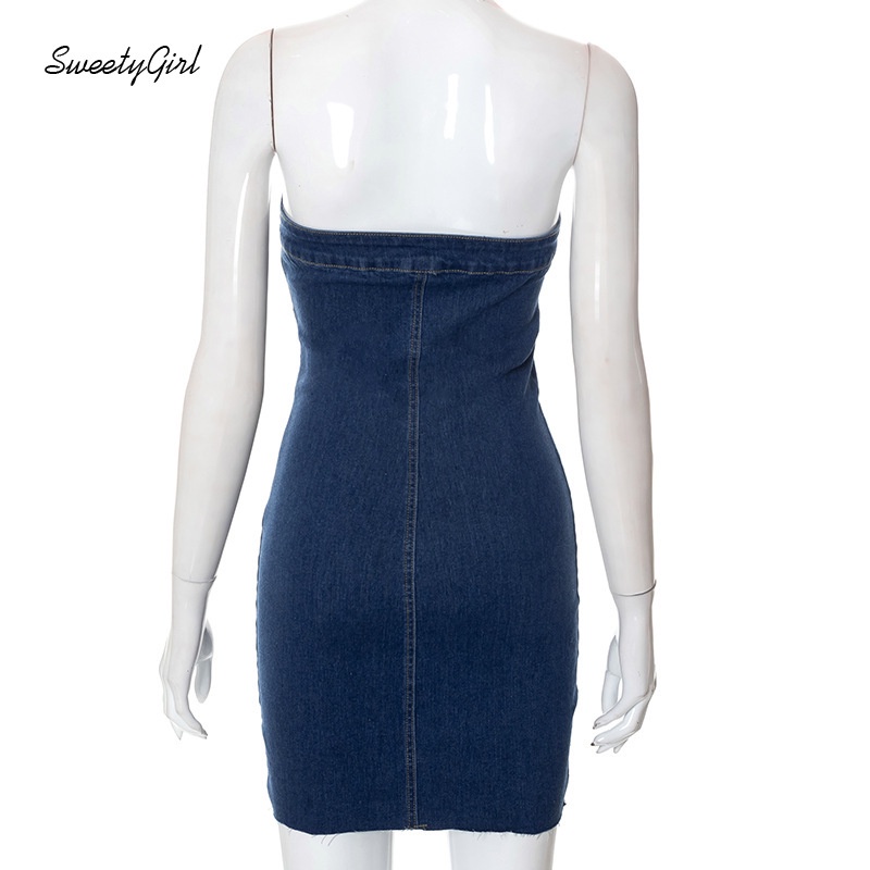 Đầm Denim Mini Không Tay Hở Vai Ôm Eo Màu Trơn Phối Khóa Kéo Thời Trang 2022 Cho Nữ