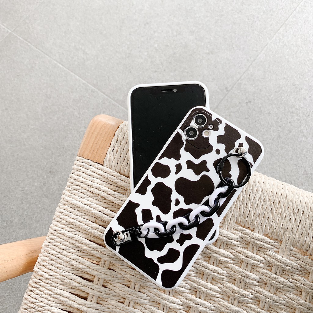 Ốp lưng chống rơi in họa tiết bò sữa có dây đeo tay cho iPhone 11 Pro X Xs Max 7 8Plus XR 12 12 mini 12 pro 12 pro max