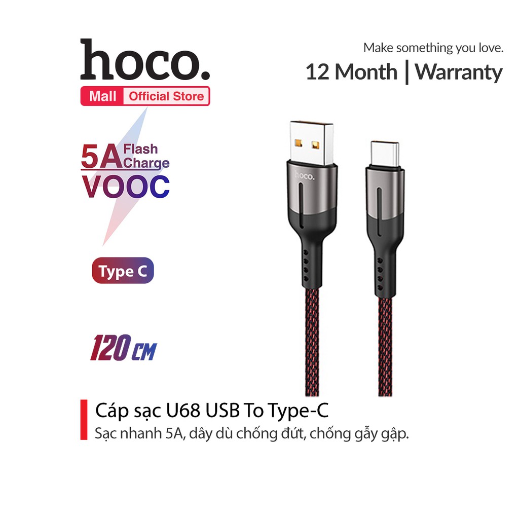 Cáp Sạc Hoco U68 Type-C, sạc nhanh 5A, PD 18W, Q.C 3.0 dây dù chống đứt dài 120cm