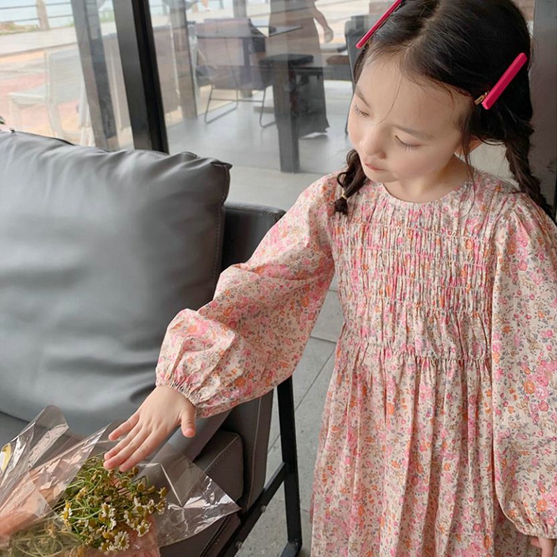 Đầm dài tay in hoa cho bé gái từ 1-6 tuổi