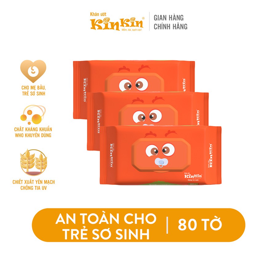 Combo 3 gói Khăn ướt Kin Kin 80 tờ/gói không mùi/mùi trà xanh, an toàn tiện lợi