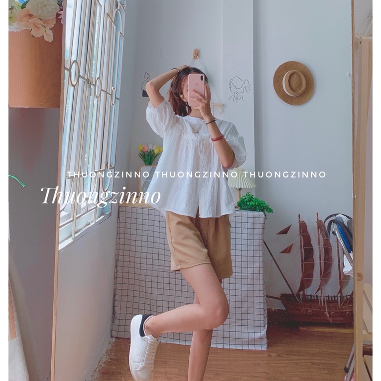[ẢNH THẬT/VIDEO]Set babydoll gồm áo sơ mi trắng và quần đũi be Set cute Quảng Châu