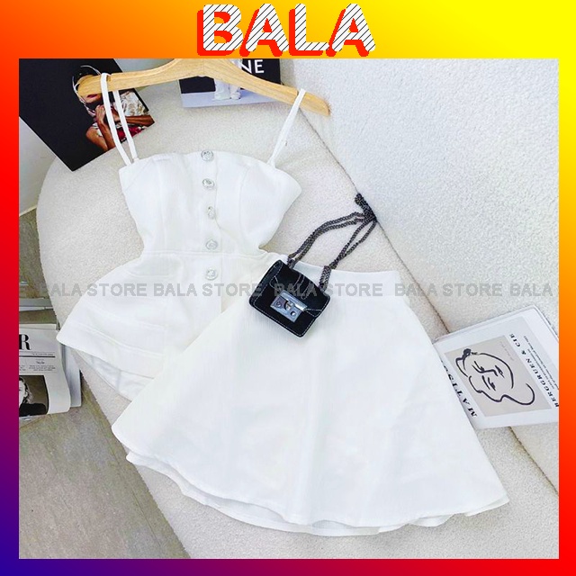 Set Áo Peplum Trắng 2 Dây Cúp Ngực Phối Nút + Chân Váy Ngắn Xoè Chất Dày Mịn Đứng Form Lên Dáng Sang Trọng