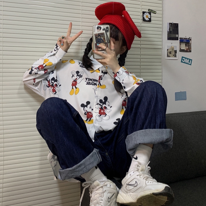 SUXI Áo Sơ Mi Tay Dài Dáng Rộng Hoạ Tiết Hoạt Hình Cho Nữ