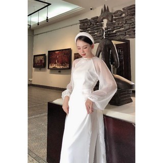 Áo dài trắng 2 tà phối tay