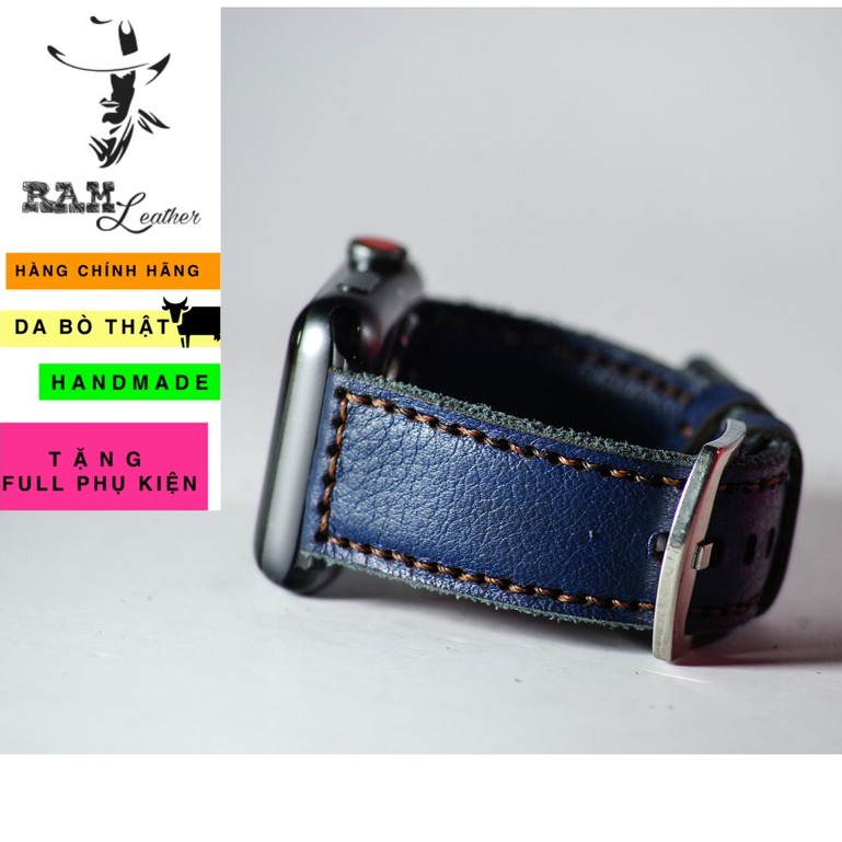 Dây apple watch da bò mill xanh navy RAM Leather classic 1958 handmade bền chắc cực đẹp - Tặng khóa chốt và adapter