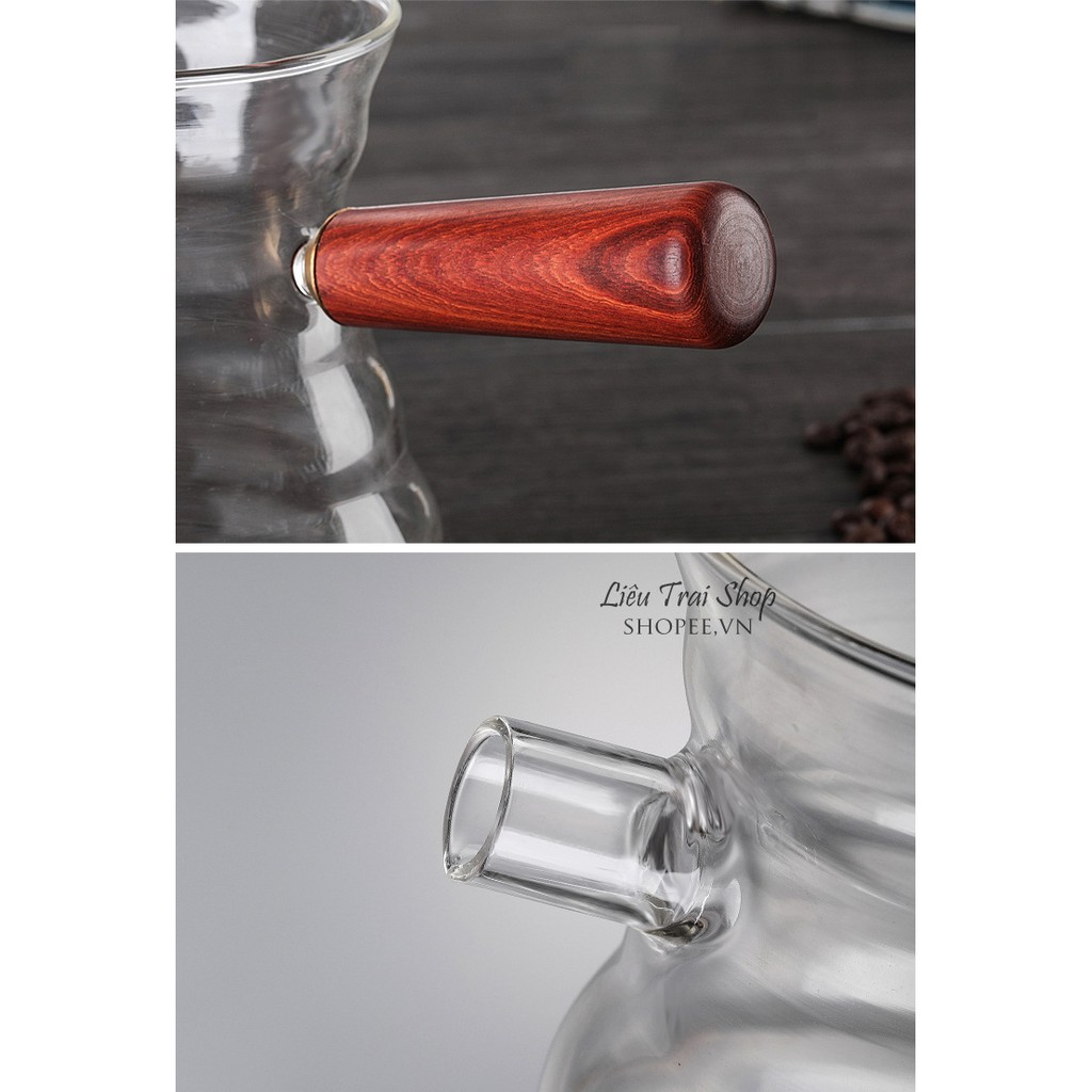 Bình đựng cà phê cafe thủy tinh binh chia cà phê quai gỗ coffee server