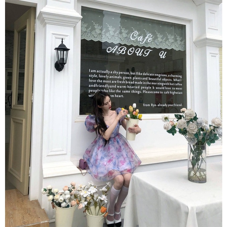 Đầm Chữ A Tay Phồng Lưng Cao Thiết Kế Mới Thời Trang Theo Phong Cách Hàn Quốc Cho Nữ