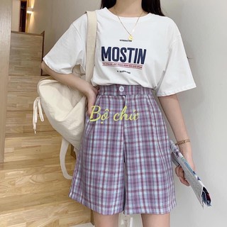 Set áo thun quần ngố caro ( ảnh thật &@