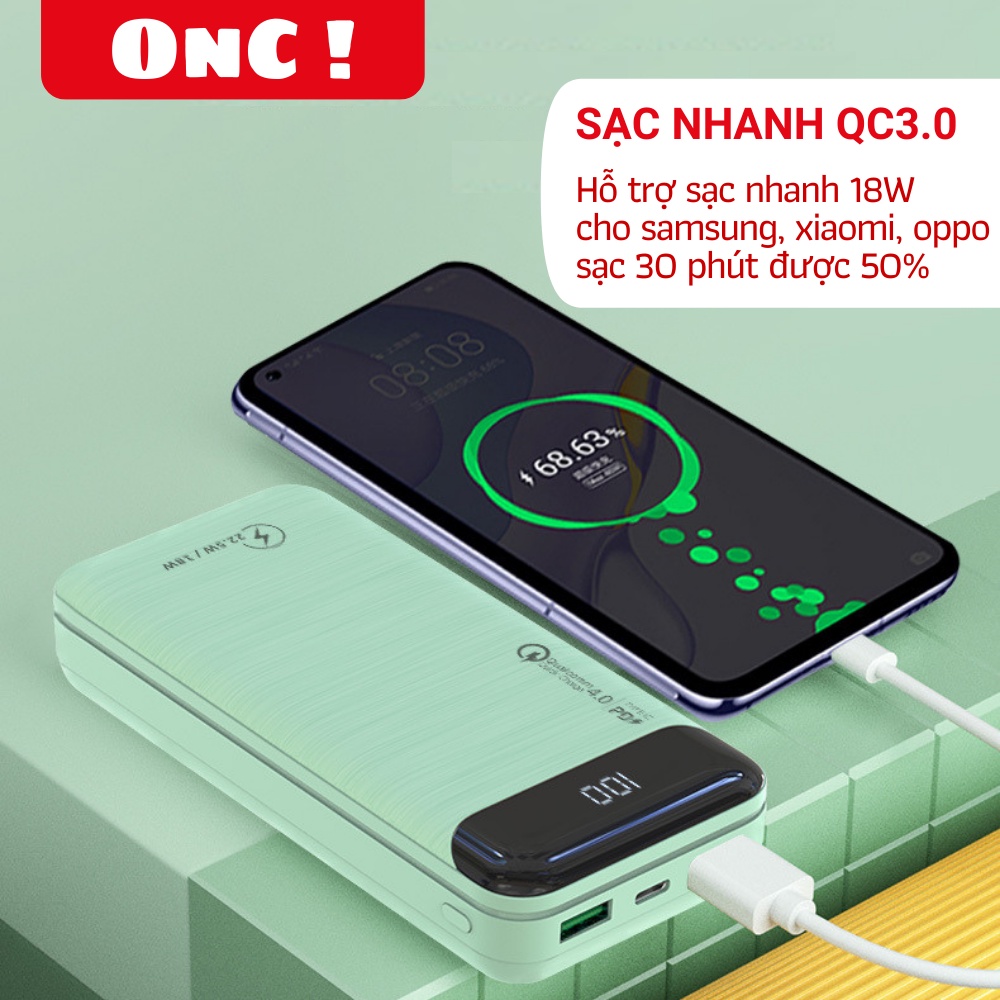 Sạc dự phòng 20000mAh, Sạc nhanh gấp 3 lần sạc thường PD - QC 3.0 18W  Hiển thị %Pin