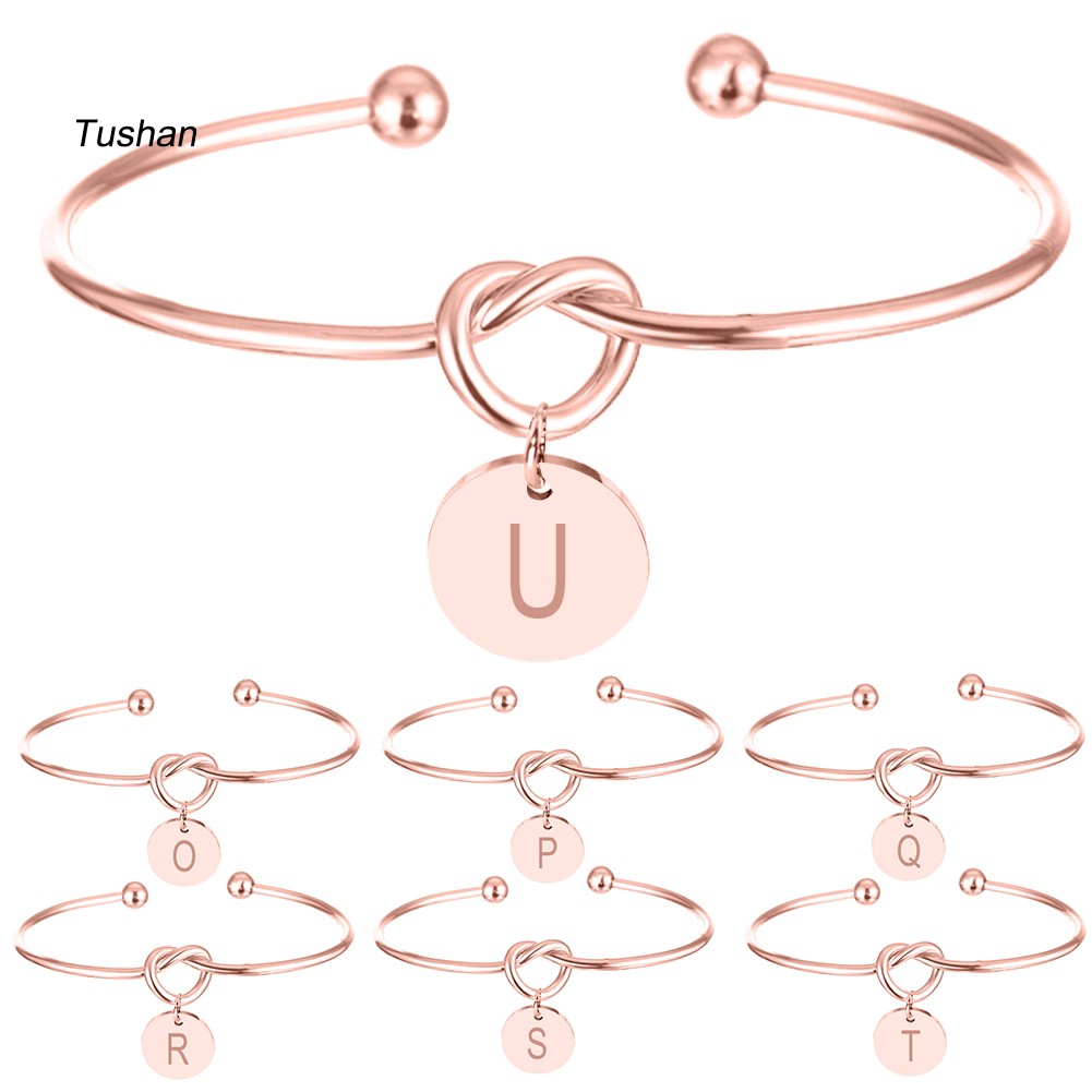 TUSH_Women Knotted Heart Opening Bracelet Letter Carved Metal Disc Charm Cuff Bangle