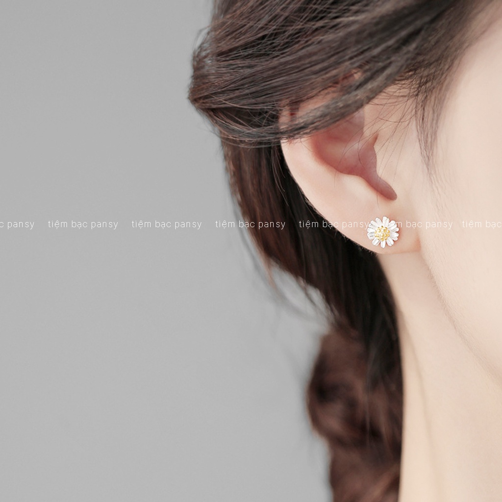 Bông tai bạc nữ PANSY hoa cúc hoạ mi nhỏ xinh, khuyên tai cúc hoạ mi Daisy bạc 925