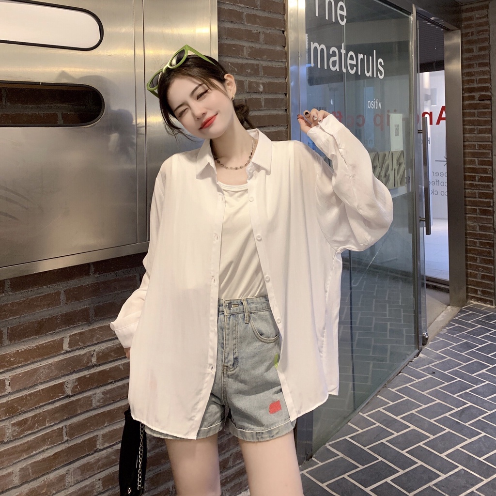 SUXI Áo Sơ Mi Chống Nắng Tay Dài Dáng Rộng Màu Sắc Đơn Giản Dễ Phối Đồ Cho Nữ