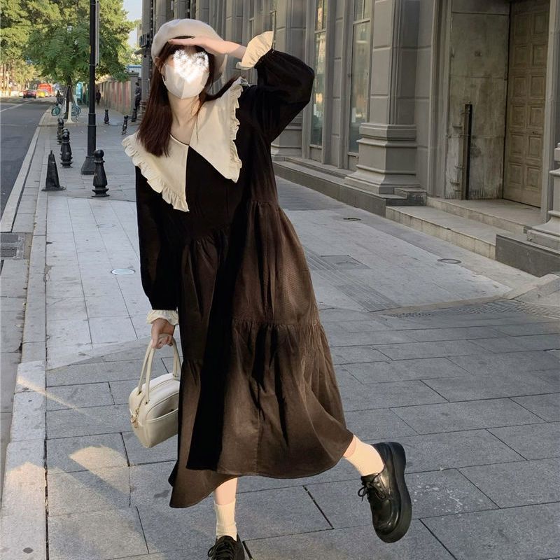 Váy babydoll Đầm Tay Dài Cổ Búp Bê Màu Sắc Tương Phản Phong Cách Hàn Quốc Ngọt Ngào Thời Trang Mùa Xuân Cho Nữ