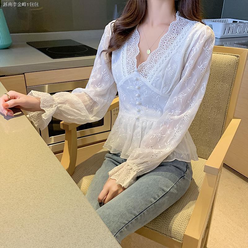 skirt dress page Dresses Dresses women's fashion long skirt long skirt tennis skirt tennis skirt caro skirt▩✹►Early autumn new style female Korean fairy blouse, white palace chiffon shirt, V-neck western embroidered small shirt