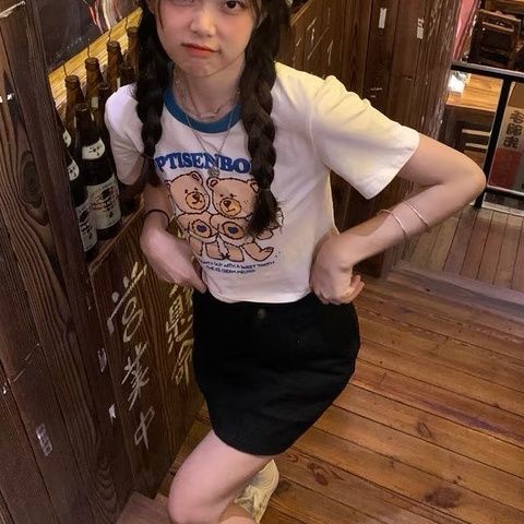 Áo Thun Crop Top Tay Ngắn Vải Cotton In Hình Gấu Thời Trang 2022 Cho Nữ