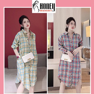 Váy Bầu Đầm Bầu Sơ Mi Kẻ Caro Cúc Thật Cho Con Bú Dáng Suông Đi Làm Công Sở Lịch Sự HD4804 Honey Mommy