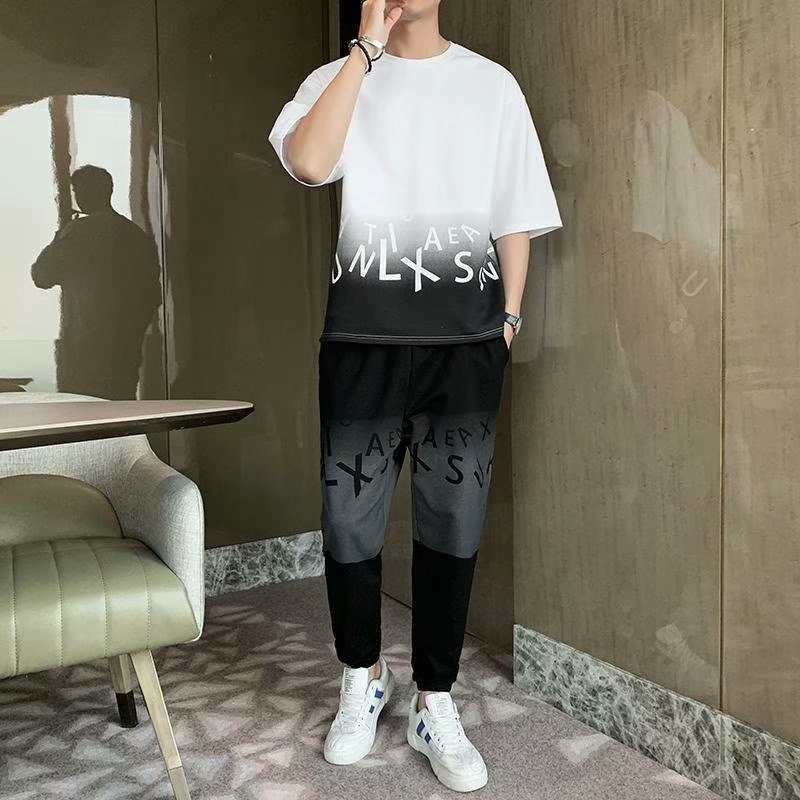 Set đồ IELGY gồm áo thun tay ngắn và quần dài màu gradient thời trang mùa hè phong cách Hàn Quốc cho nam