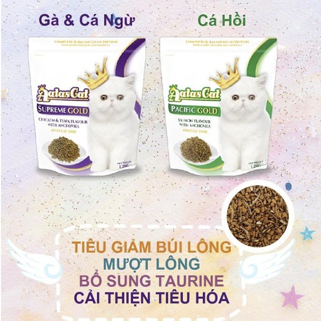 Thức Ăn Cho Mèo Aatas Cat Bao 1,2kg Vị Cá Hồi, Vị Cá Ngừ, Vị Gà Topping Thêm Cá Cơm Sấy Khô (Lông Mượt, Giảm Búi Lông)