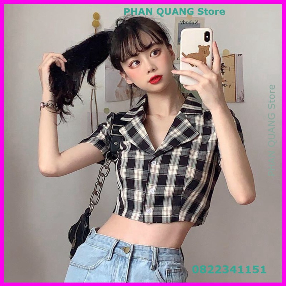 👗 ÁO SƠ MI CROPTOP TAY NGẮN KẺ SỌC CARO THỜI TRANG CHO NỮ - CROPTOP CARO KẺ TÍM ĐEN ĐỎ HỒNG VÀNG XANH PQ-Shop