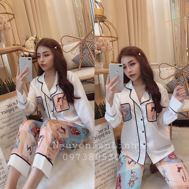 BỘ NGỦ LỤA SATIN DÀI TAY HÌNH CÔ GÁI
