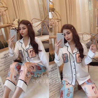 BỘ NGỦ LỤA SATIN DÀI TAY HÌNH CÔ GÁI
