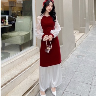 Áo dài , áo dài cách tân thân nhung đỏ cao cấp mã a1