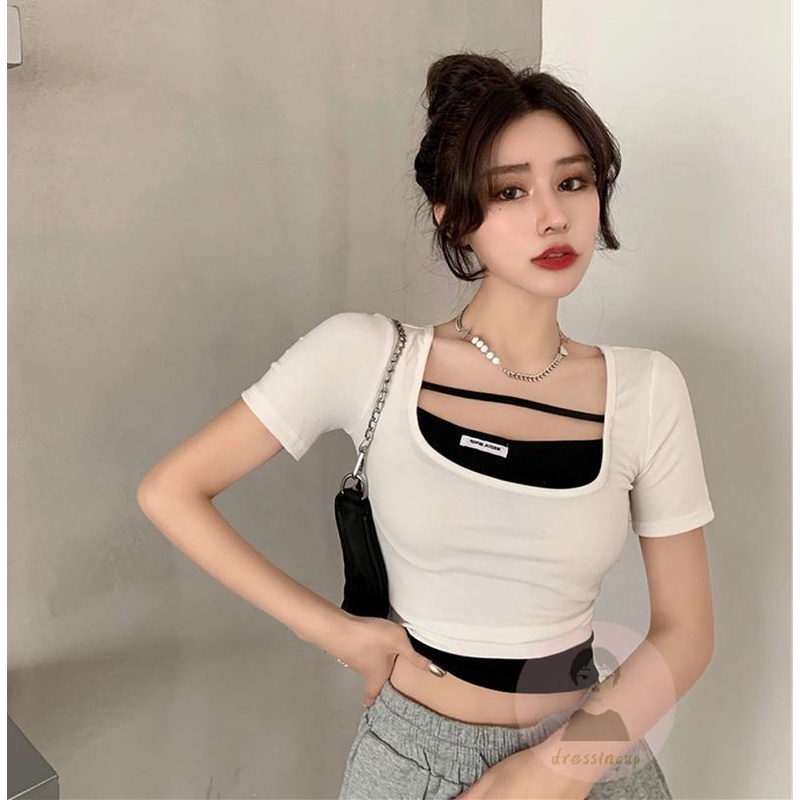 Áo Thun Tay Ngắn Cổ Chữ U Màu Trắng/Đen Cho Nữ