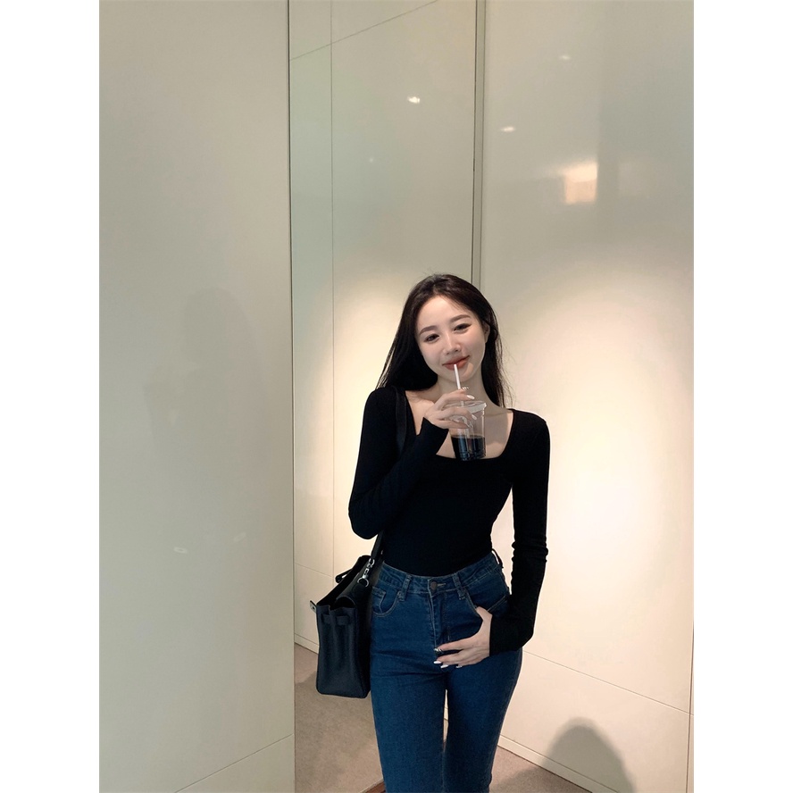 Áo Thun Dệt Kim Tay Dài Cổ Vuông Thời Trang Hàn Quốc Dành Cho Nữ