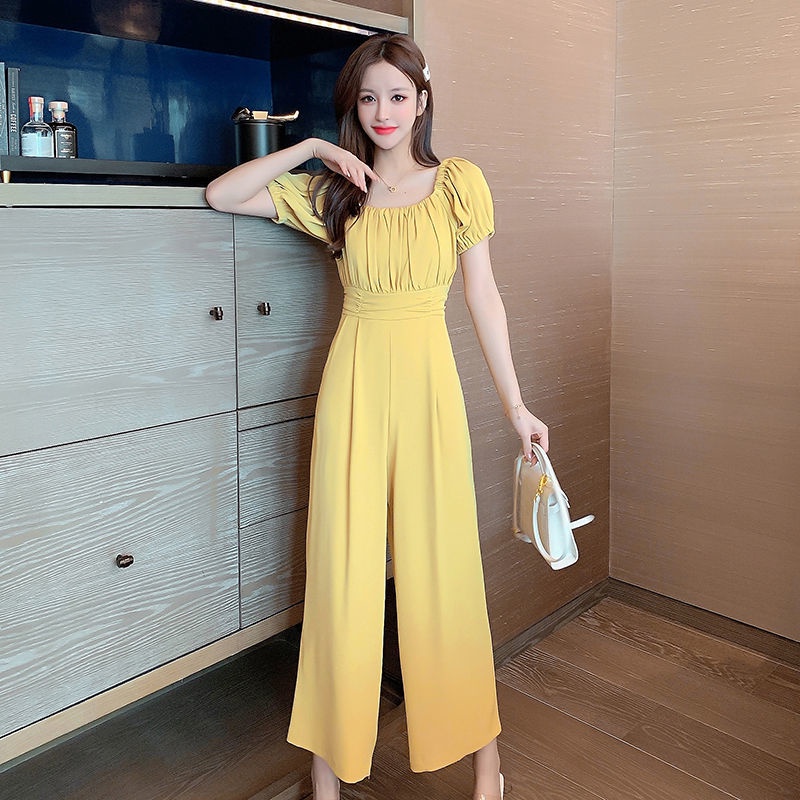 Jumpsuit Trễ Vai Lưng Cao Ống Rộng Thiết Kế Mới Cho Nữ