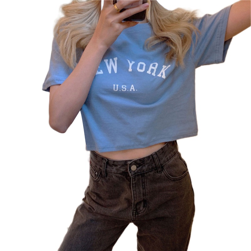 Áo Thun Crop Top Cổ Tròn Tay Ngắn In Chữ Thanh Lịch Dành Cho Nữ