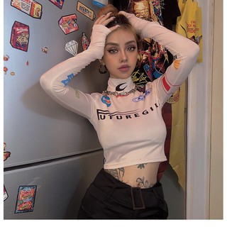 Áo croptop cổ cao hở bụng tay dài màu trắng cá tính ulzzang