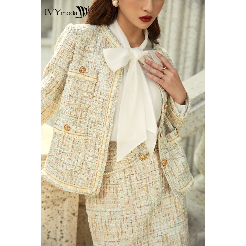  Áo vest Tweed nữ họa tiết kẻ IVY moda MS 70B9012 | BigBuy360 - bigbuy360.vn