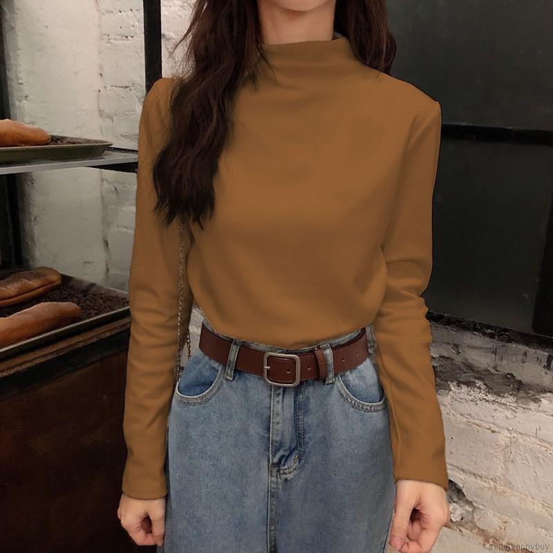 Áo Thun Cổ Lọ Màu Trơn Thiết Kế Tôn Dáng Dành Cho Nữ