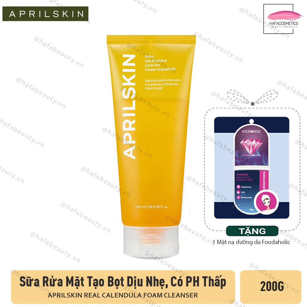 Sữa Rửa Mặt Tạo Bọt Dịu Nhẹ, Dưỡng Ẩm, Có pH Thấp APRILSKIN Real Calendula Foam Cleanser 200g + Tặng 1 mặt nạ Foodaholic