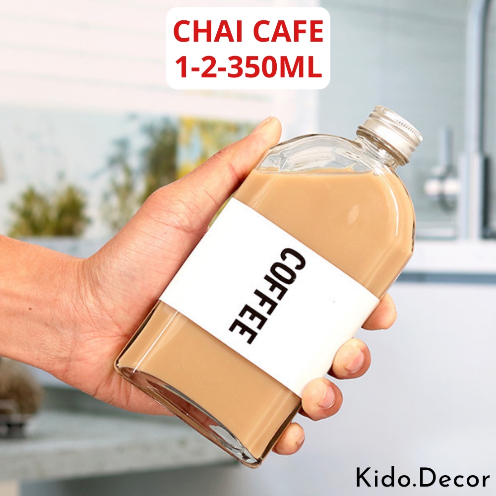 Chai thủy tinh 350ml đựng nước ép, sữa hạt, cafe vai dẹt dẹp, lọ thủy tinh trang trí decor KIDO