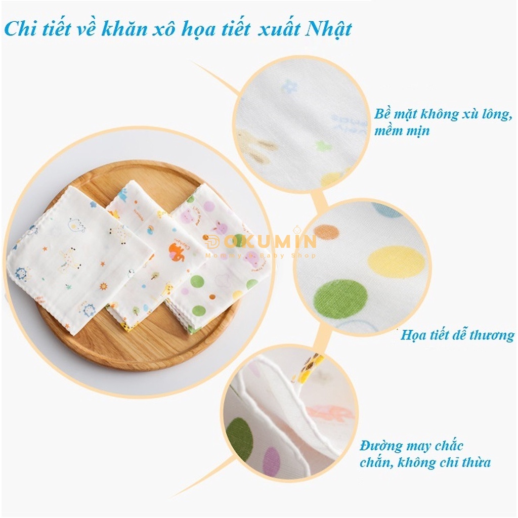 Khăn sữa xô cho bé cotton hoạ tiết hàng Xuất Nhật 2 lớp mềm mịn an toàn cho bé sơ sinh DOKUMIN KSHT28