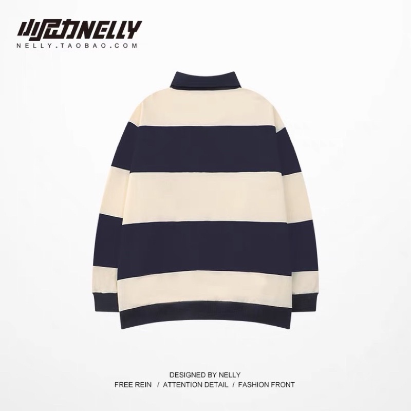 Áo polo kẻ dài tay  Nelly Heybig form rộng dành cho nam và nữ 55 50