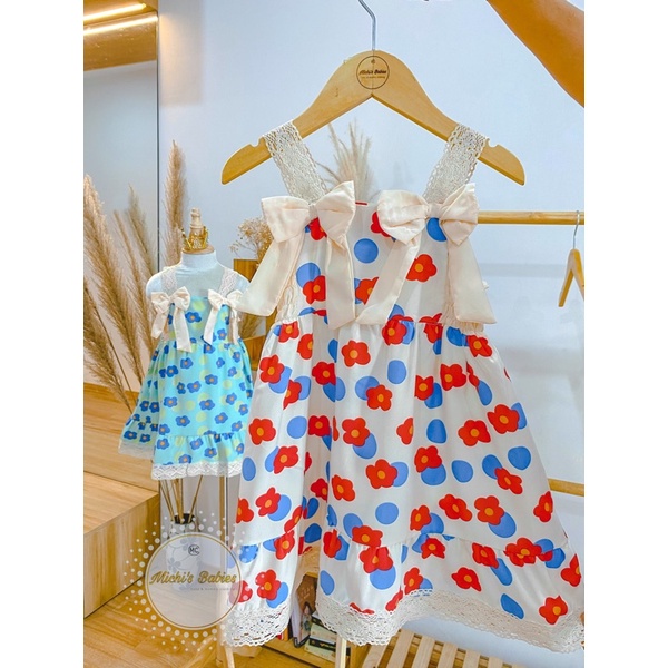 Váy cho bé gái 2 dây ren đính nơ hoa lụa cao cấp 8-20kg