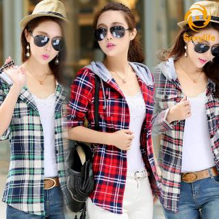 Áo khoác cardigan kẻ sọc caro có nón thời trang mùa thu cho nữ