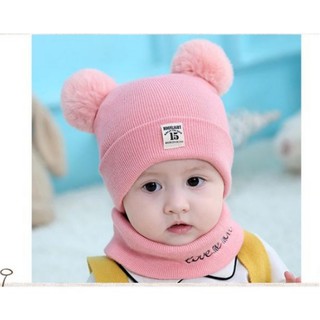 Set khăn + mũ len 2 quả bông cho bé