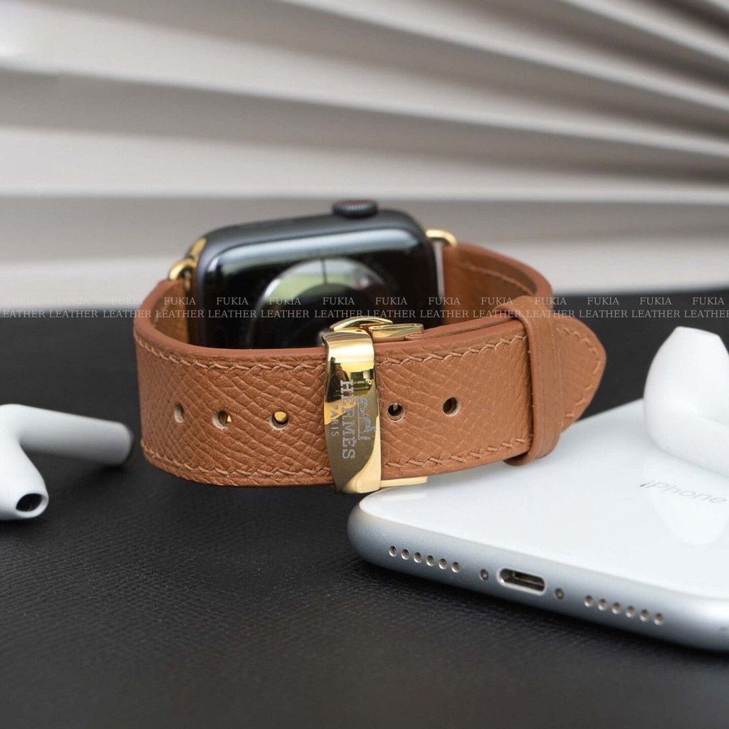 Dây da thủ công Epsom Nâu bò dành cho Apple Watch Series 1/2/3/4/5/6/7/SE, đồng hồ thông minh, đồng hồ cơ