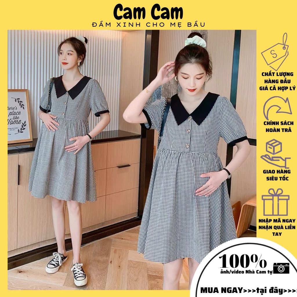 Váy babydoll, váy bầu bí bon chen thiết kế trẻ trung cá tính, sọc trắng đen dễ thương, chất kate lụa thoáng mát