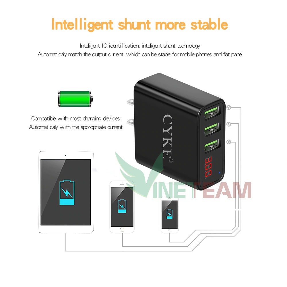 Cốc sạc nhanh 3 cổng USB thông minh CYKE -DC3210